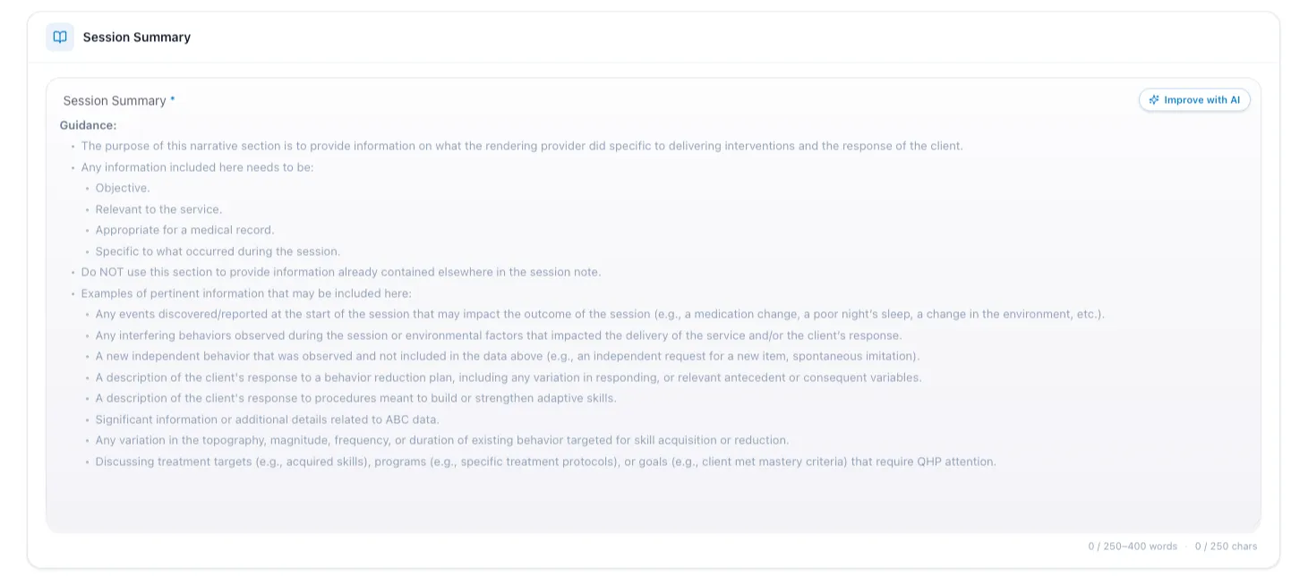 Session Summary field with CASP-aligned guidance bullets, a word-count target and the Improve with AI button