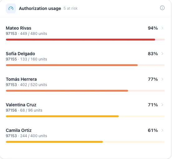 Authorization usage panel with per-client unit consumption and risk levels