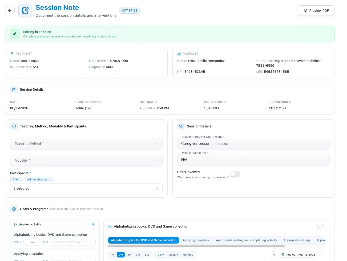 Session note editor for CPT 97153 with recipient, provider, service details, session details and the goals section charting this session's data